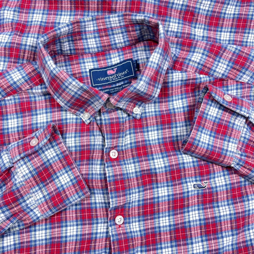 Vineyard Vines Flannel Shirt Men Large Red Plaid Button Up Whale Shirt Classic